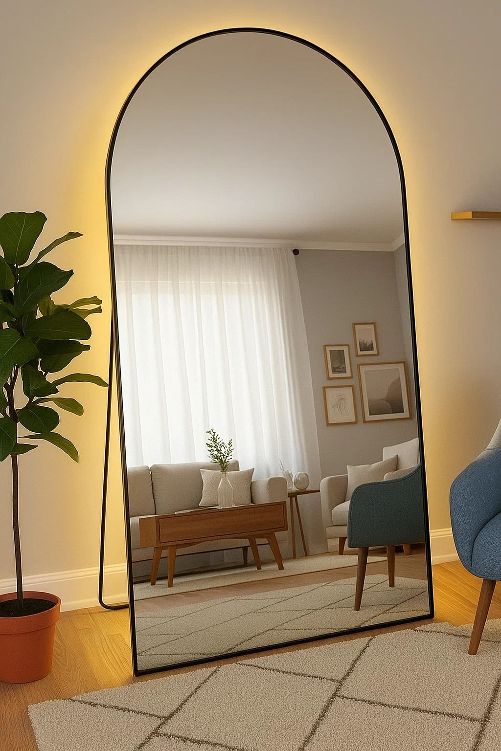 Black Framed Arch Wall Mirror With Stand & Hanger Backlit 