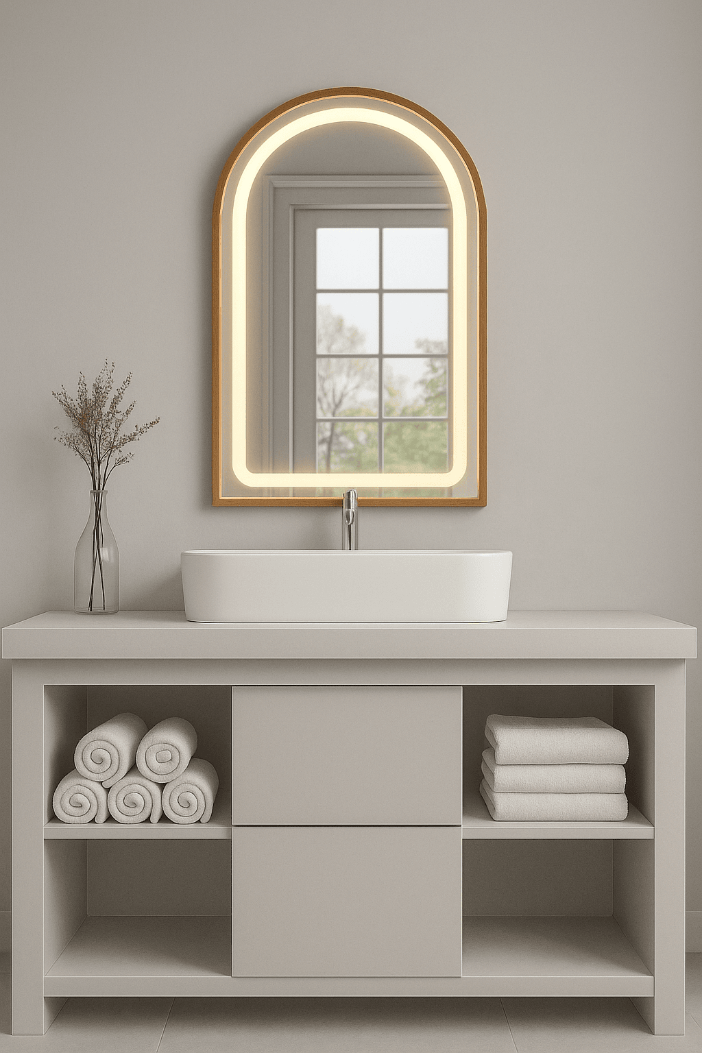 Golden Framed Arched Vanity Wall Mirror (LED) - Wall Mirror - HomeCene UAE