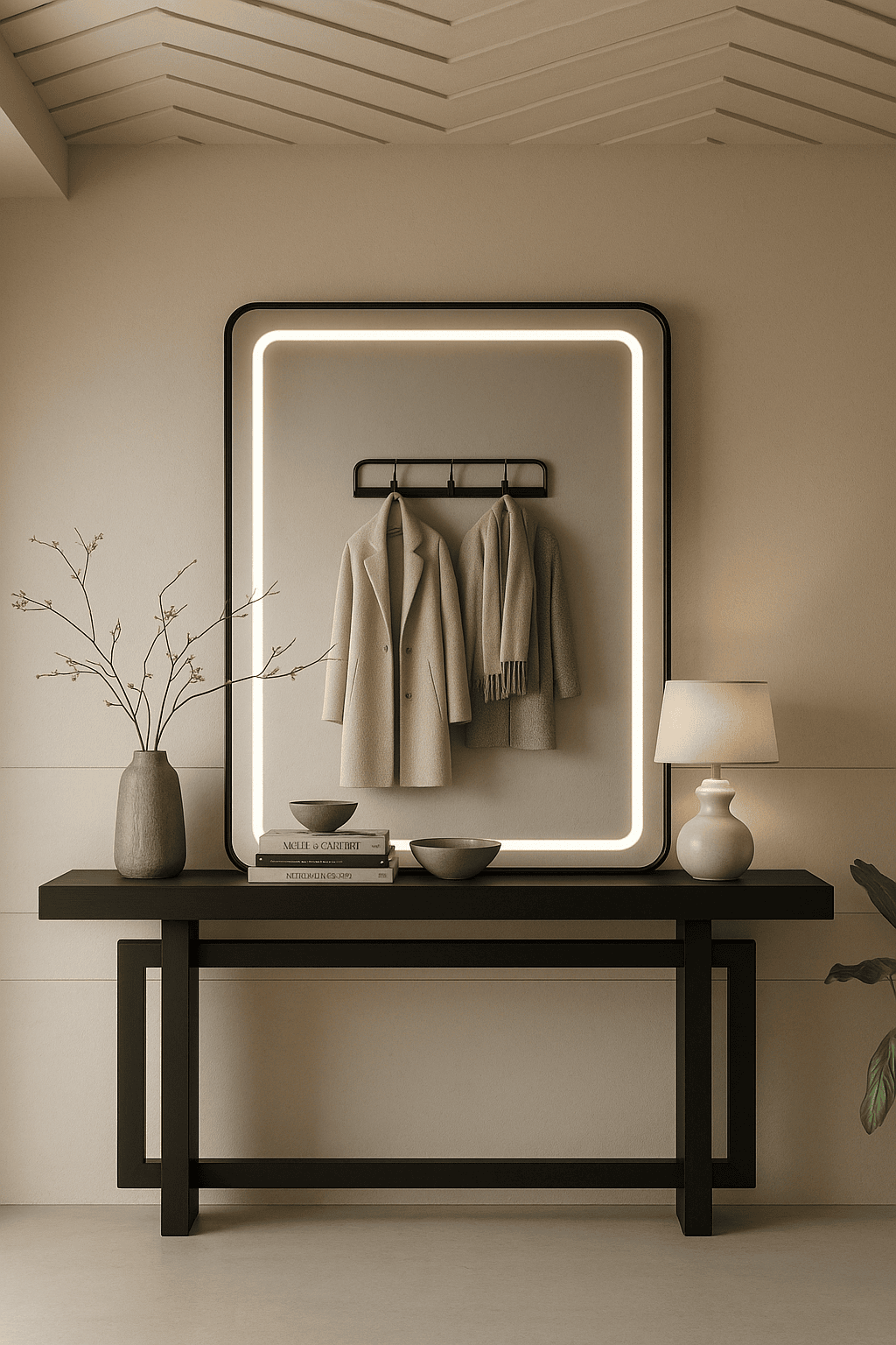 Black Framed Rounded Corners Rectangular Wall Mirror (LED)