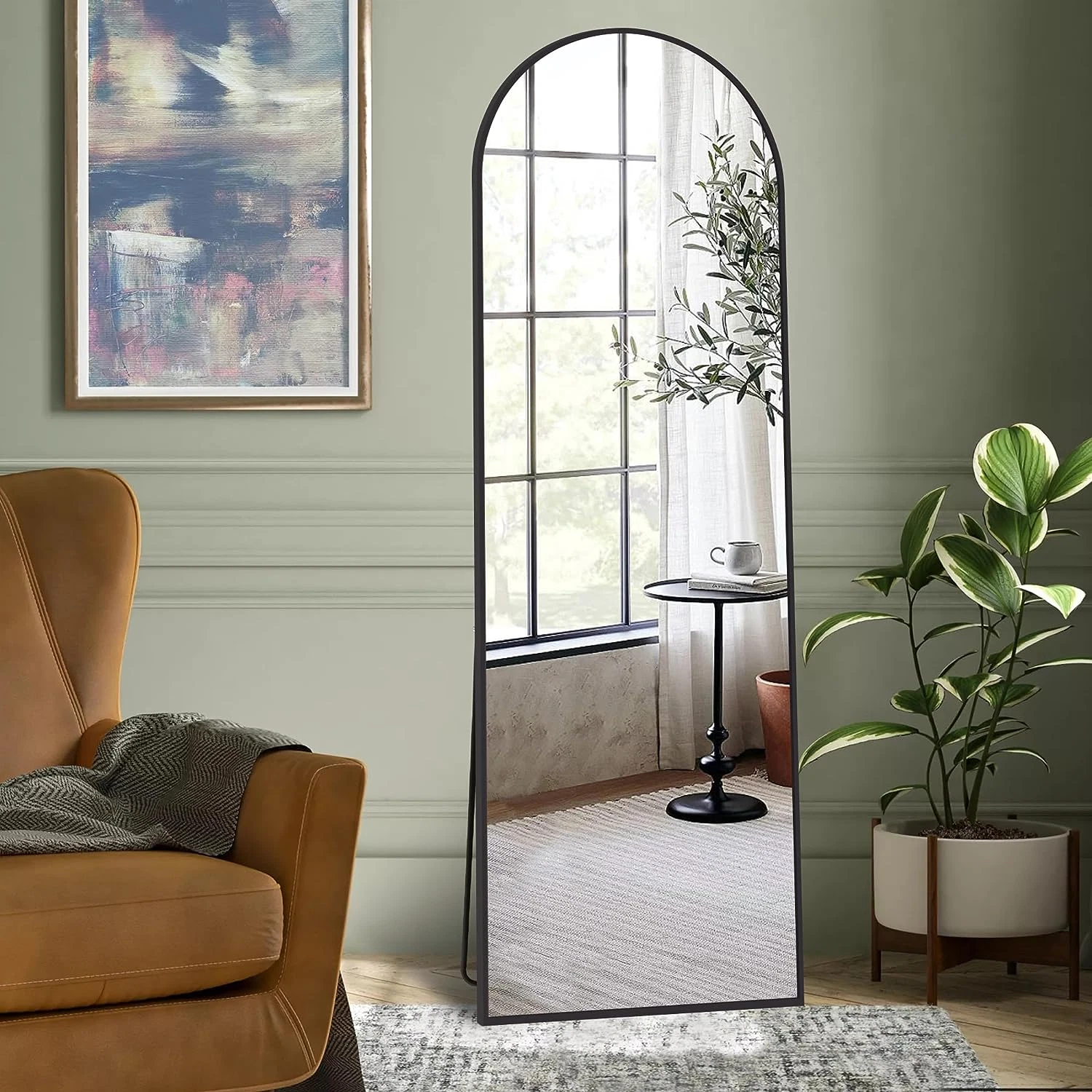 Black Framed Arched Wall Mirror With Stand