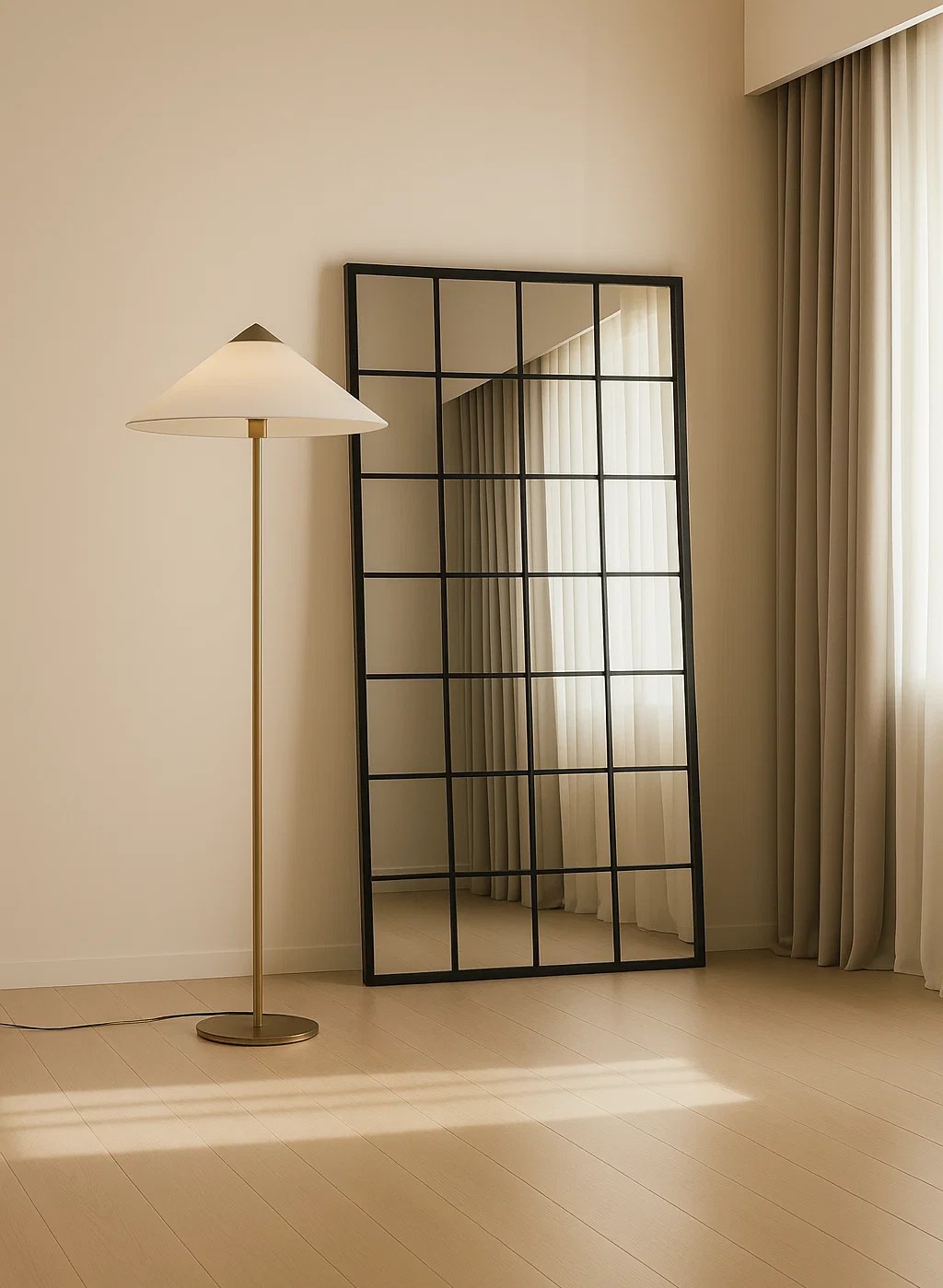 Strips Lavinia Rectangular Window Mirror And Cone Shade Floor Lamp - Wall Mirror - HomeCene UAE