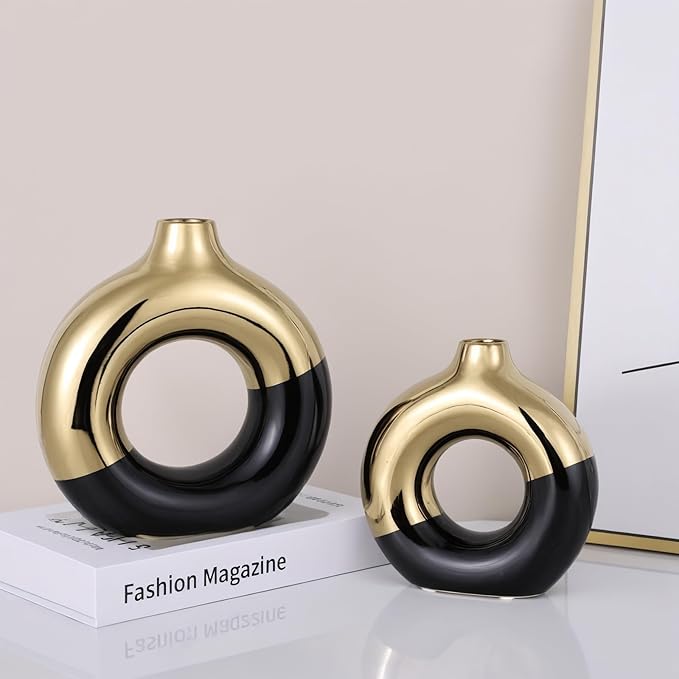 Ceramic Black and Gold Circle Vase