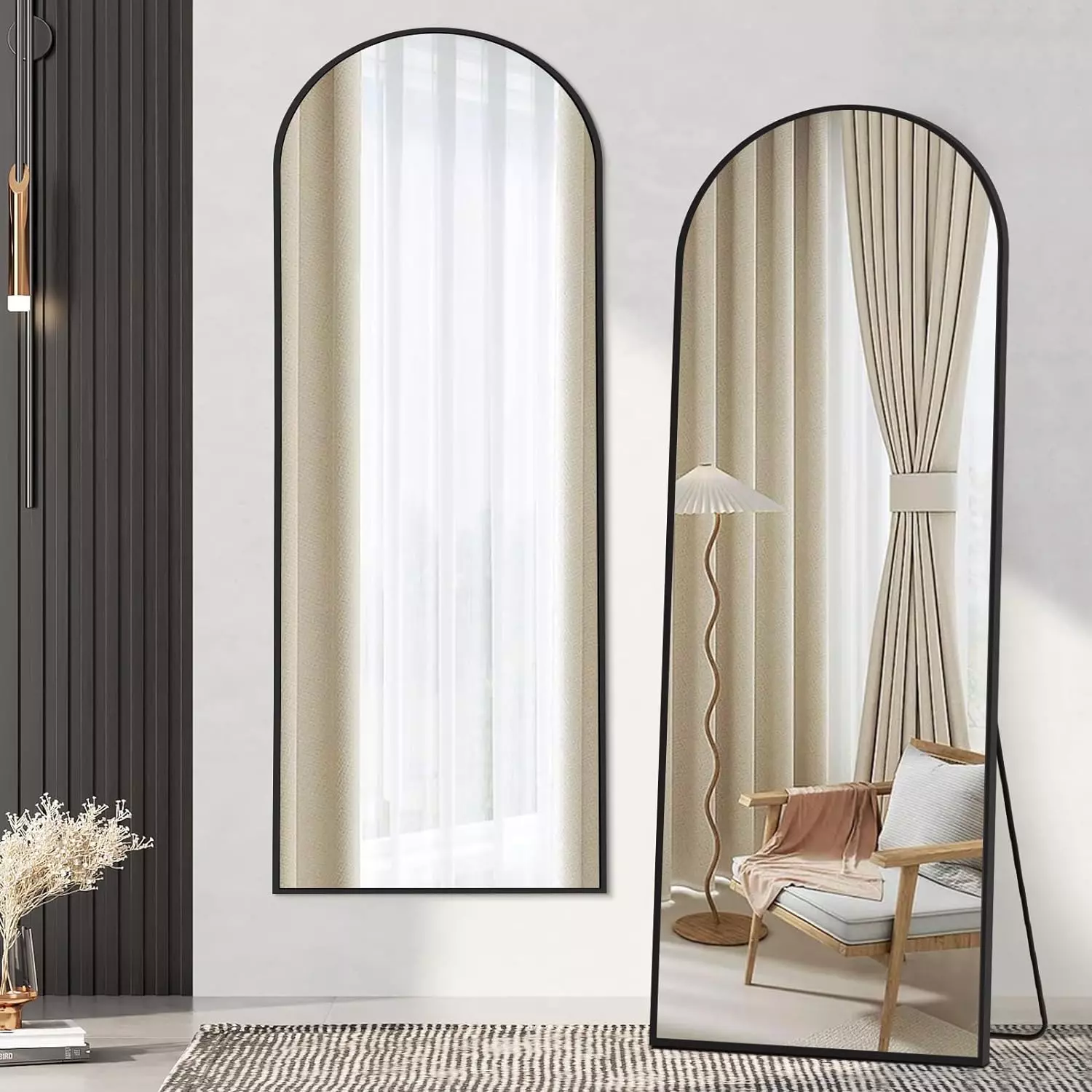 Black Framed Arched Wall Mirror With Stand