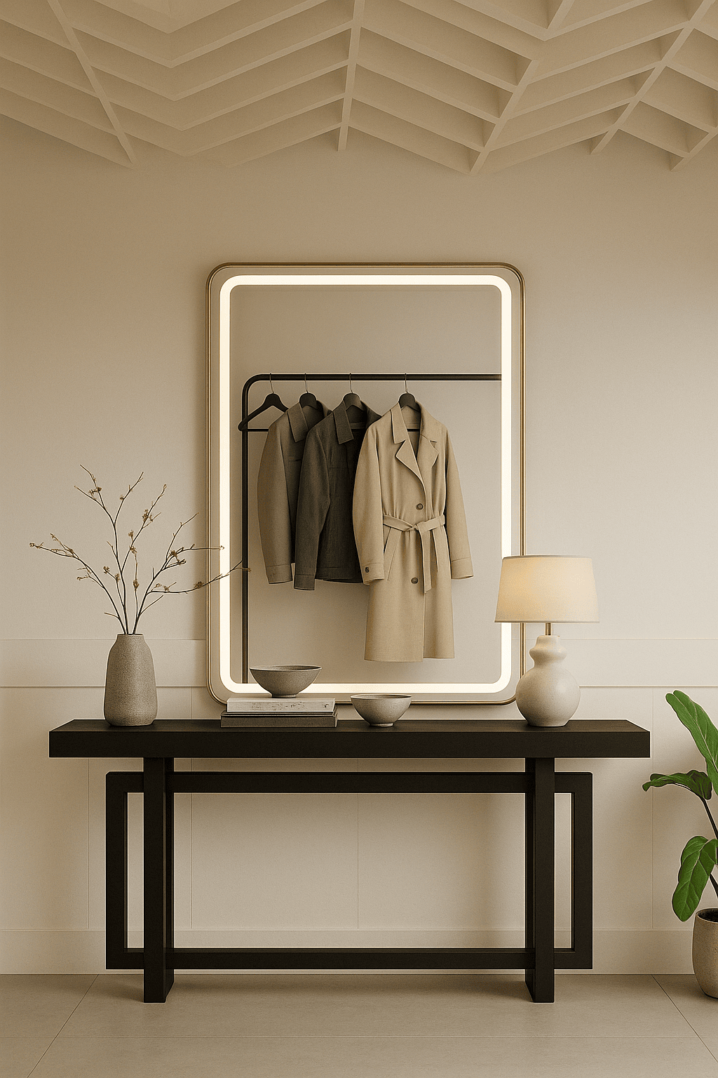 Golden Framed Rounded Corners Rectangular Wall Mirror (LED) - Wall Mirror - HomeCene UAE