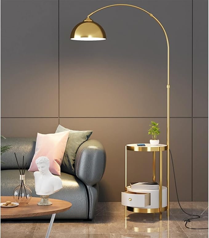 Luxe Arc Floor Lamp with Integrated Side Table - Wall Mirror - HomeCene UAE