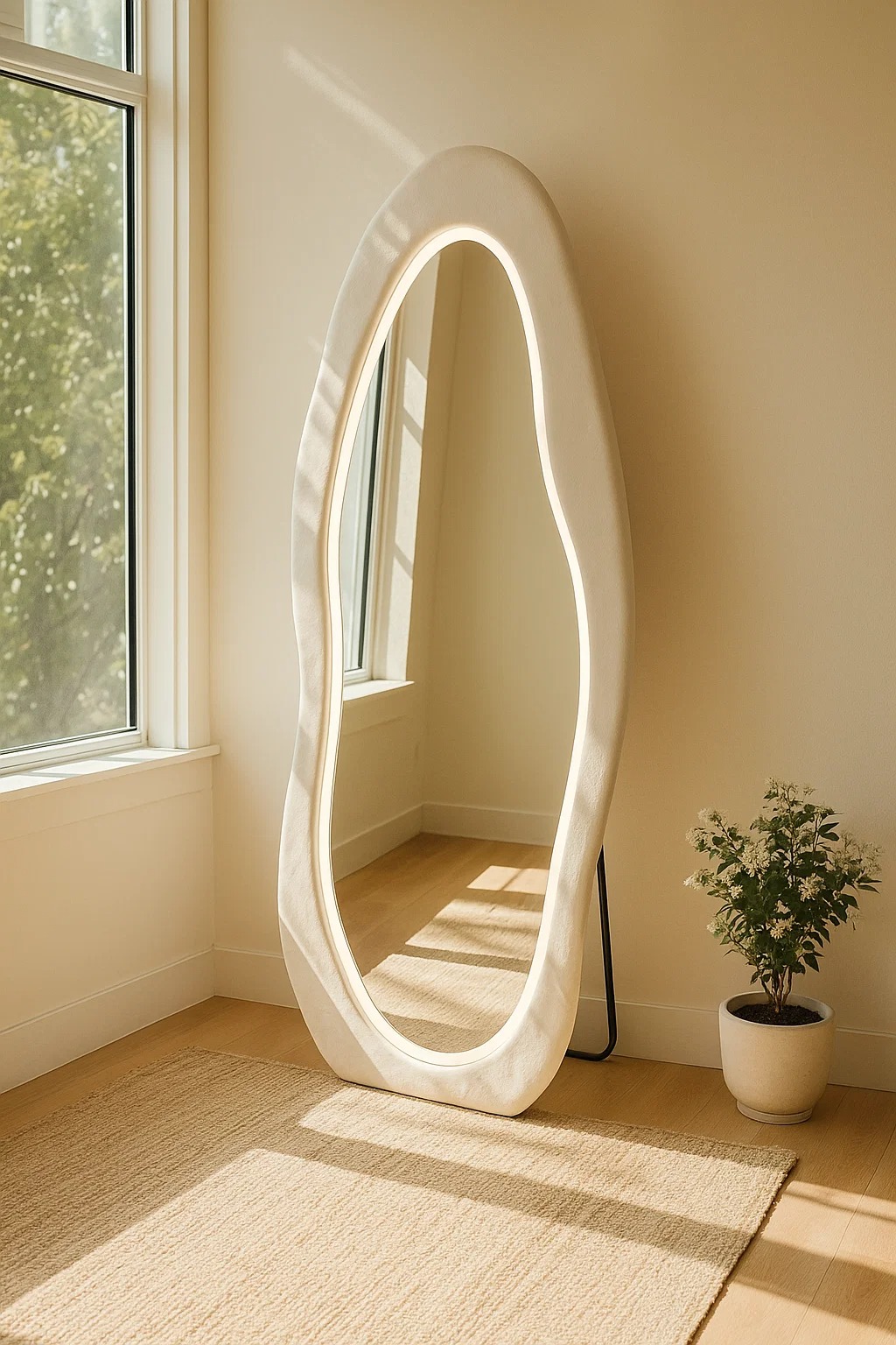 White Squiggly Framed Flannelette Wall Mirror (LED) - Wall Mirror - HomeCene UAE