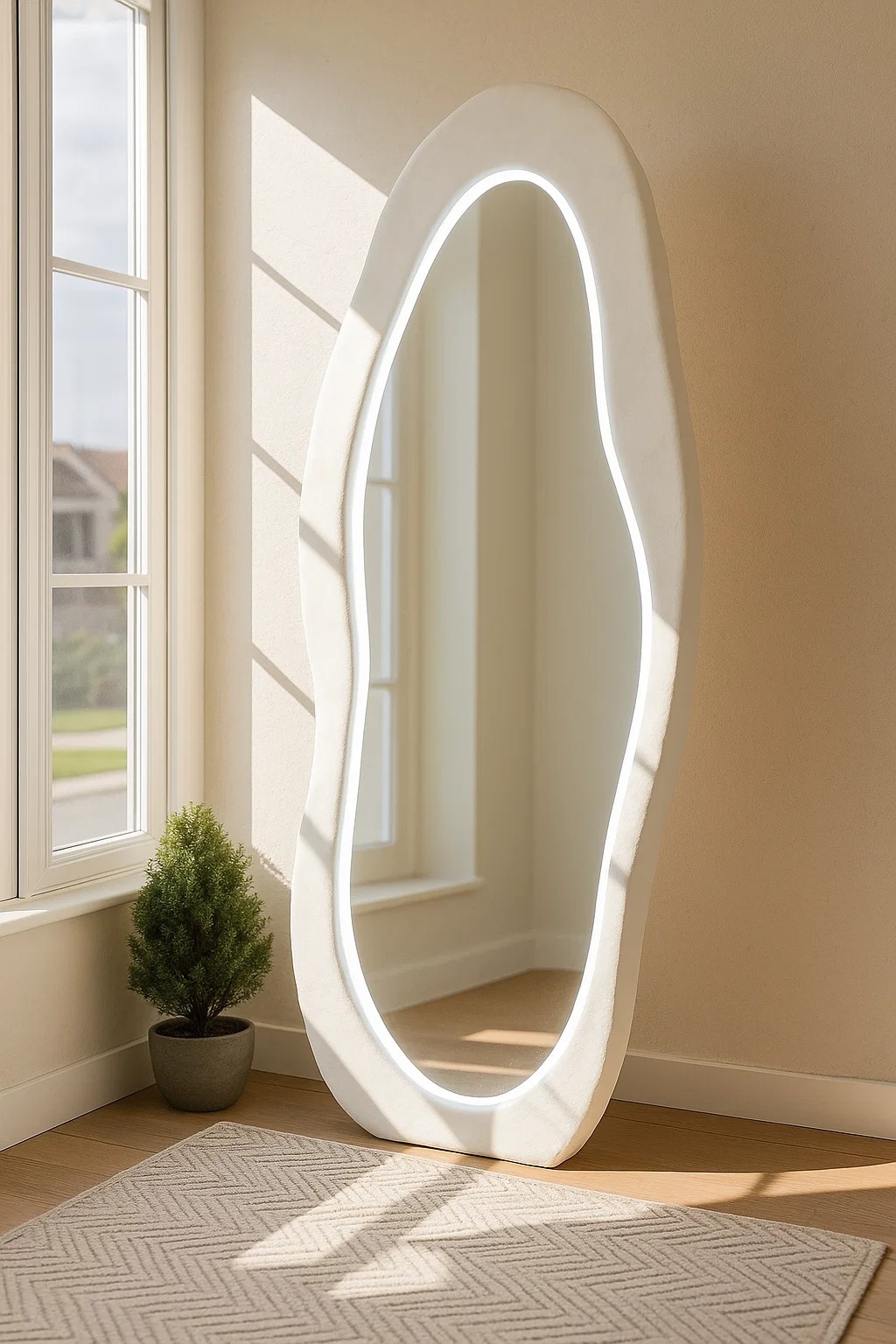 White Squiggly Framed Flannelette Wall Mirror (LED) - HomeCene UAE